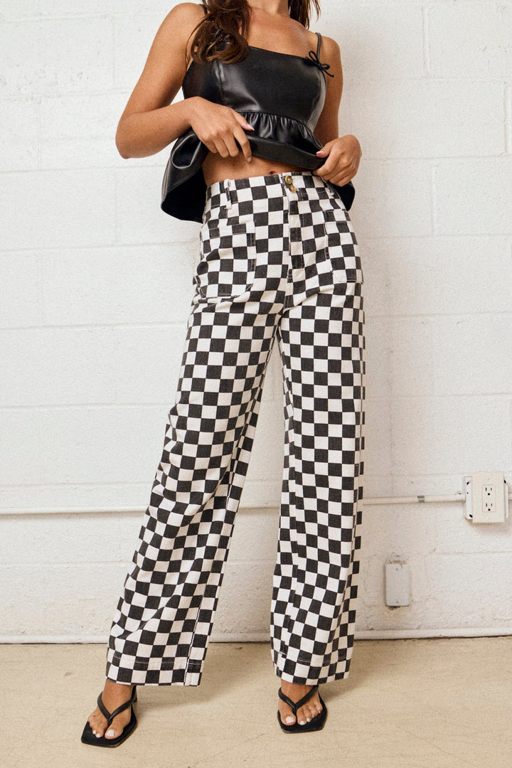 Black Demi Checkered Jeans, high-waist with a wide-leg gingham print.