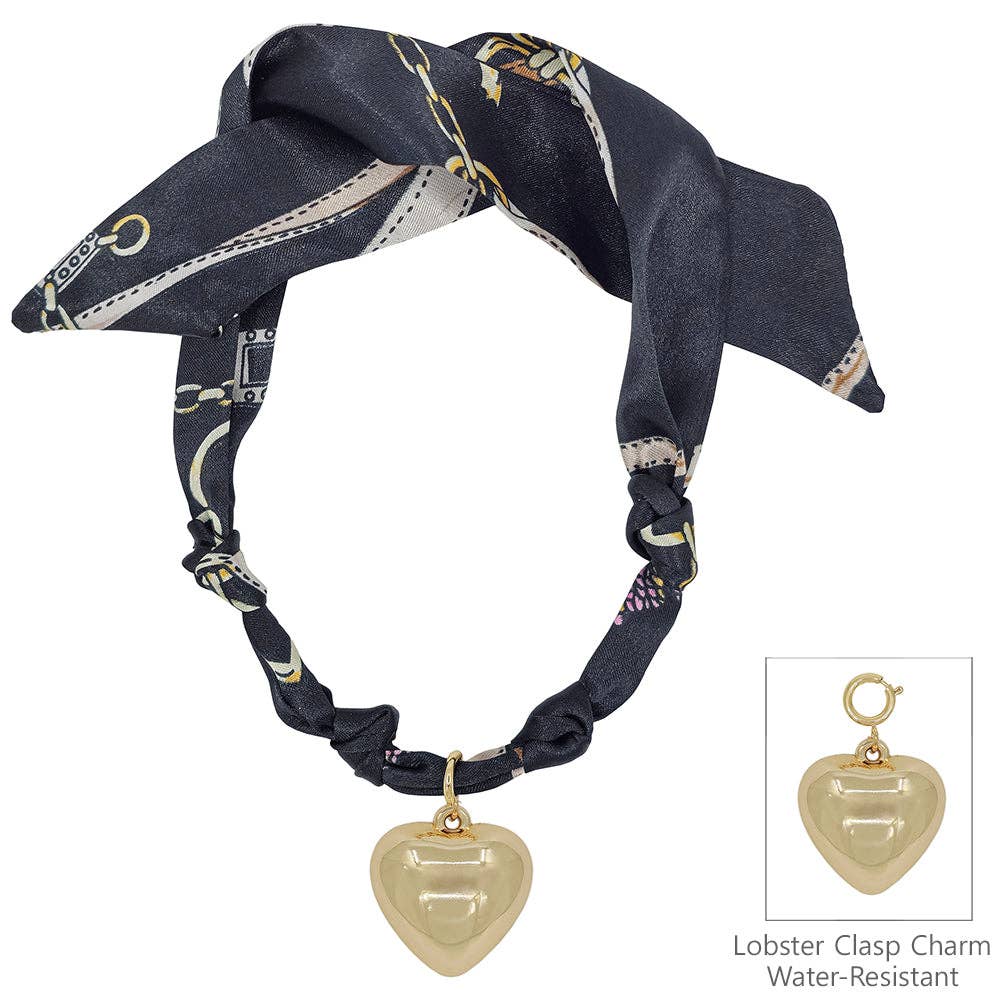 Black knotted scarf necklace with hammered puffy heart charm.