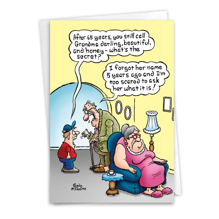 A funny anniversary card with a joke about a husband forgetting his wife's name.