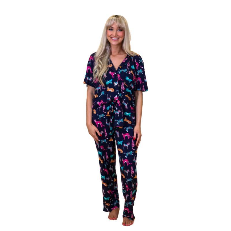 Navy button down pajama set with colorful turquoise, pink, and orange tigers.