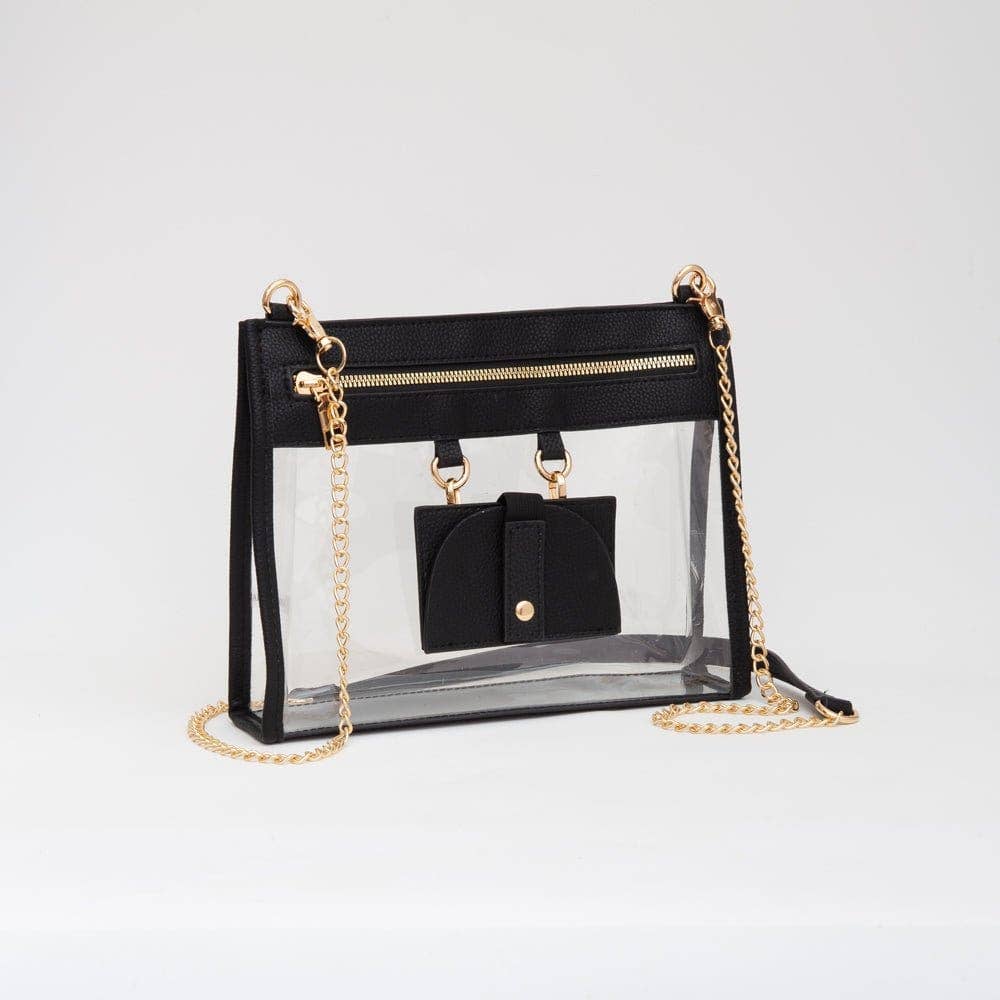Clear crossbody bag with black trim and matching hardware, featuring a detachable sunglasses holder—elegant and event-ready.