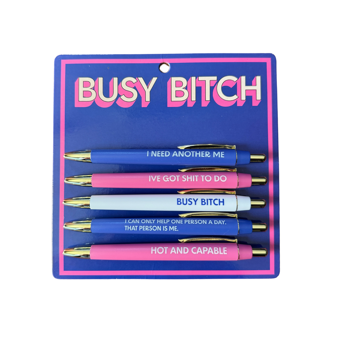 Set of five black ink pens with witty, hustle-themed sayings for busy, confident individuals.