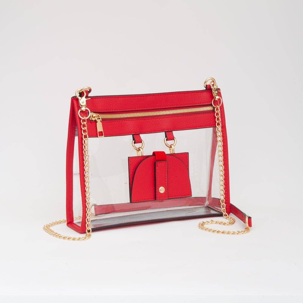 Red clear crossbody bag with gold hardware and a removable sunglasses holder, designed for stadium events and everyday style.