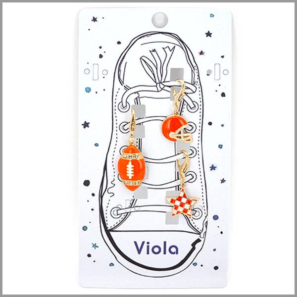 Orange gameday football charm set with rhinestone football, helmet, and star designs for shoes or bags.
