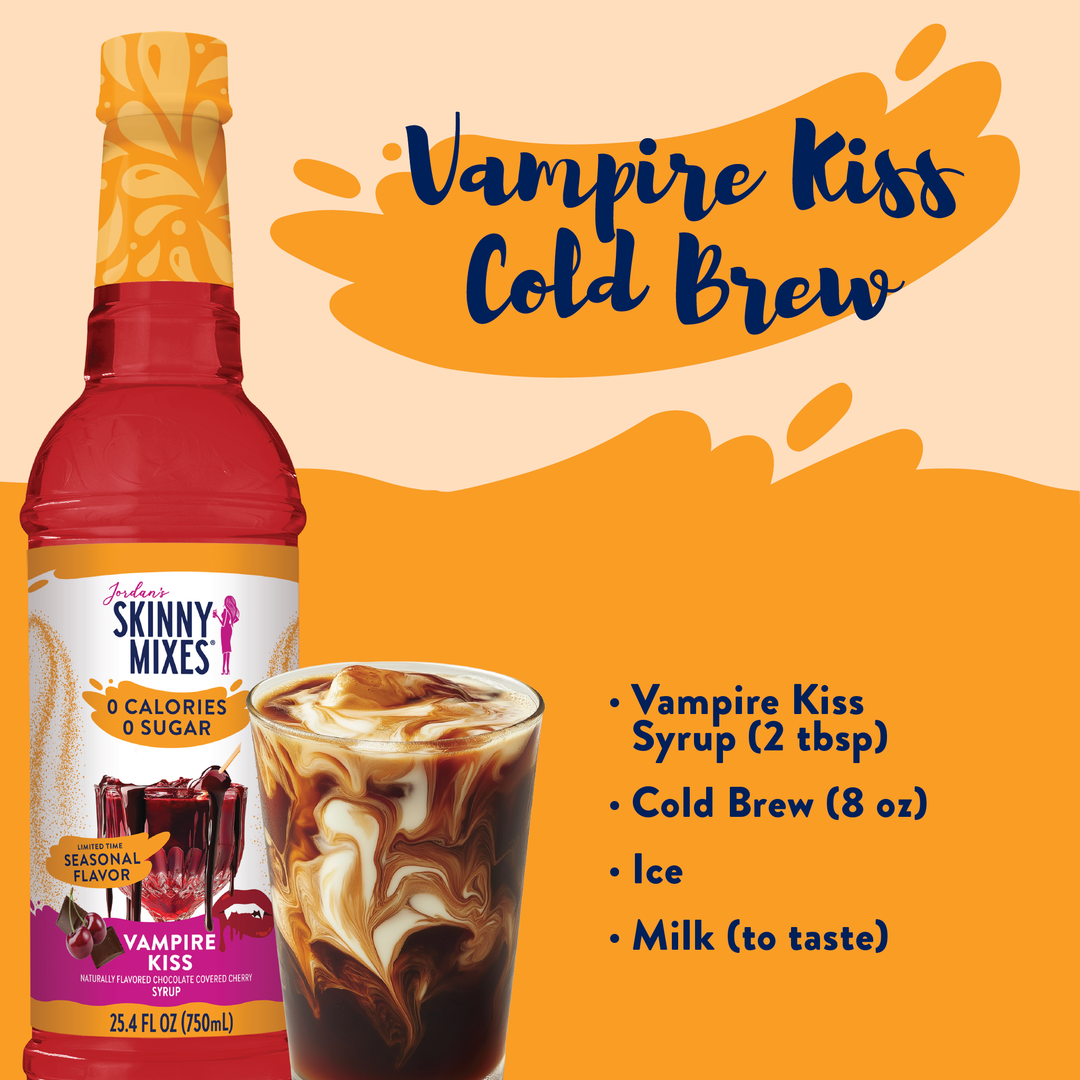 Vampire Kiss Cold Brew Recipe using Skinny Mixes Vampire Kiss syrup, sugar-free black cherry and chocolate flavor, 0 calories, 0 sugar.