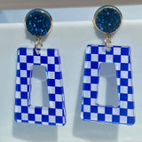 Blue & White Checkered Drop Earrings