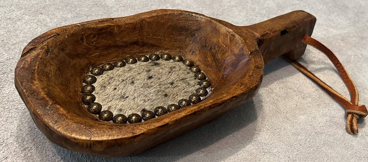 Beaded Wooden Scoop with Embossed Leather and Cowhide