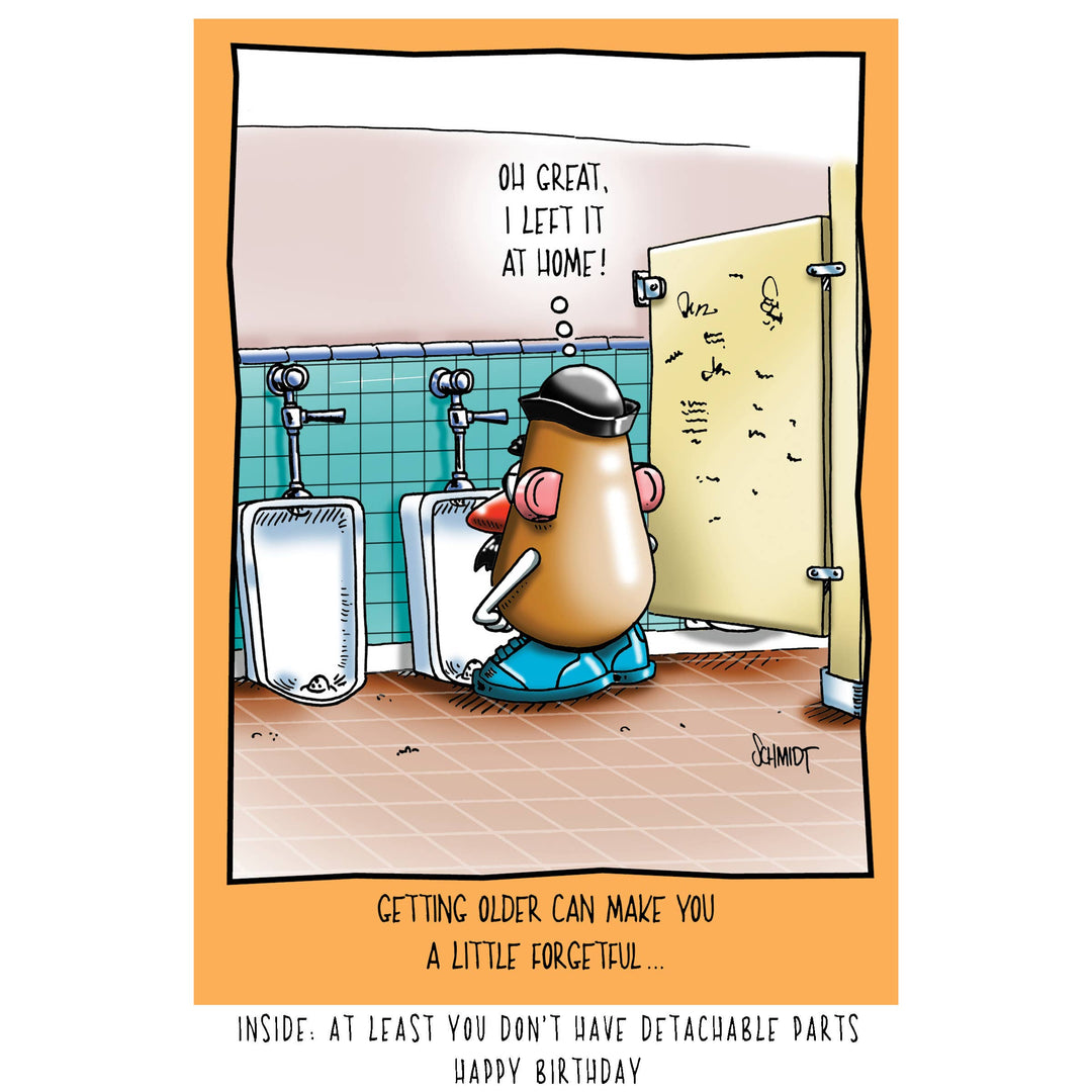 Crd with Mr. Potato Head stands at a urinal, and a thought bubble above his head reads, "Oh Great, I left it at home." Below the image is the text "Getting older can make you a little forgetful."