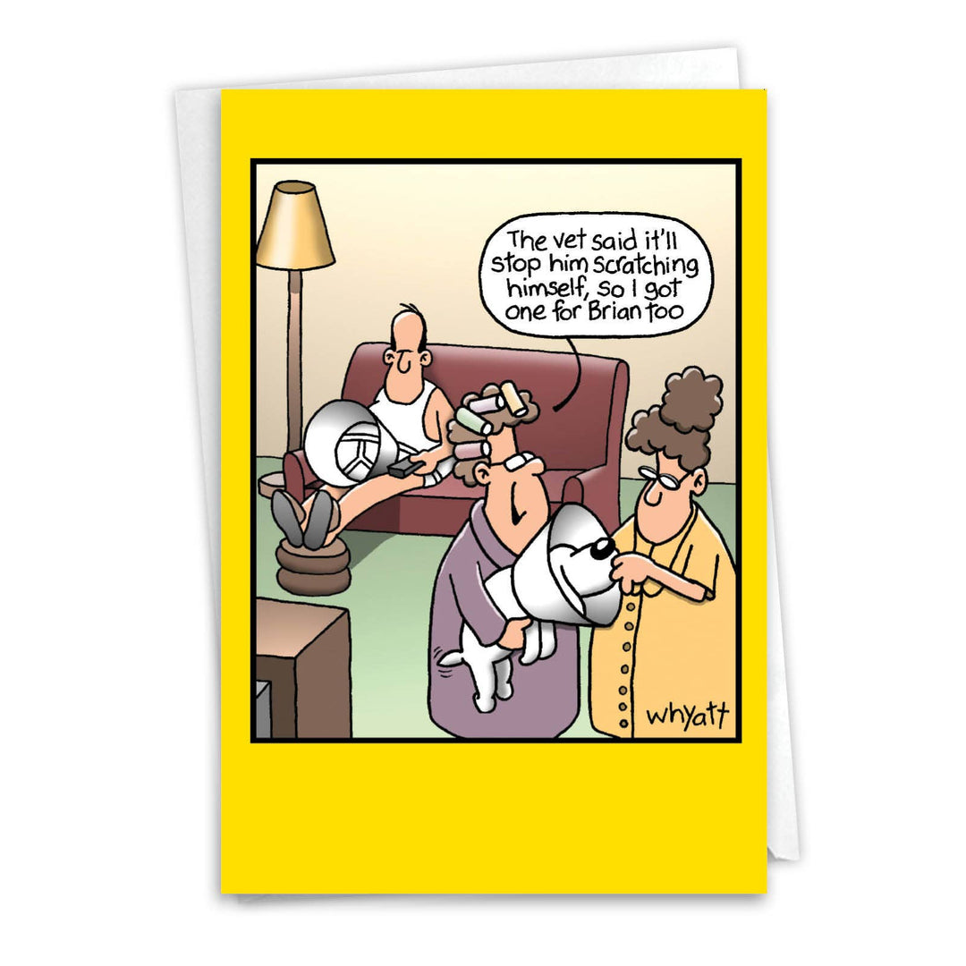 A vintage-style card shows a woman explaining why her husband is wearing a vet cone.