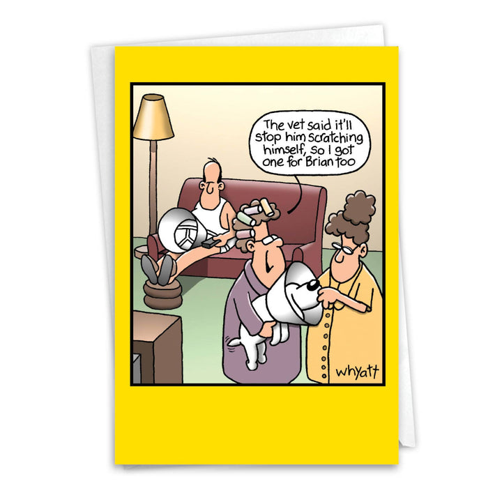 A vintage-style card shows a woman explaining why her husband is wearing a vet cone.