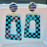 Checkered & Polka Dot Earrings - Teal/Black