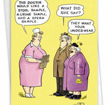 A nostalgic-style greeting card with a cartoon of a doctor and an elderly couple.