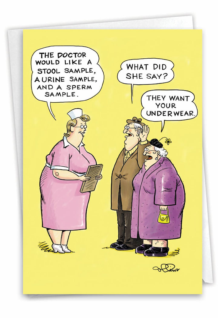 A nostalgic-style greeting card with a cartoon of a doctor and an elderly couple.