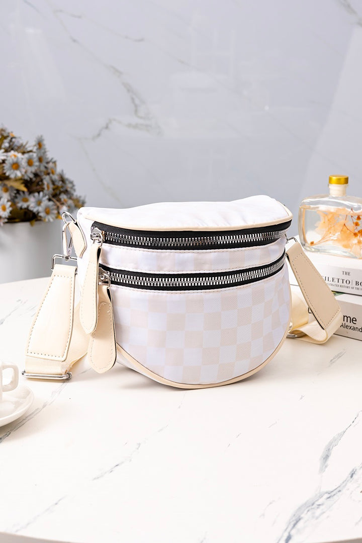 Beige Checkered Double Zip Bum Bag