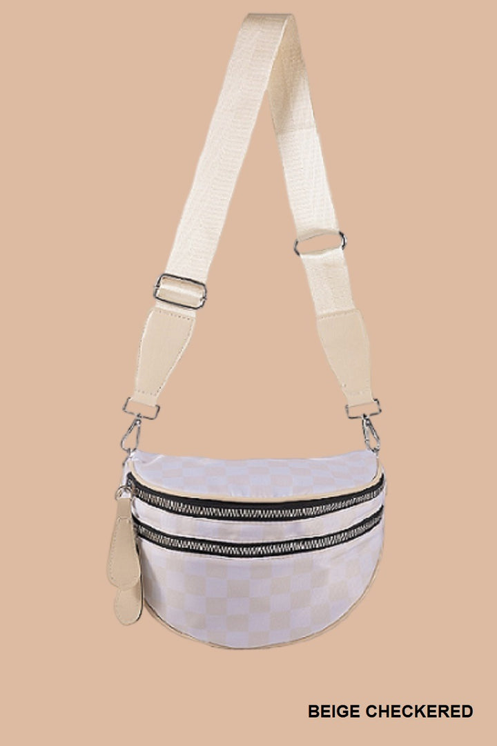 Beige Checkered Double Zip Bum Bag