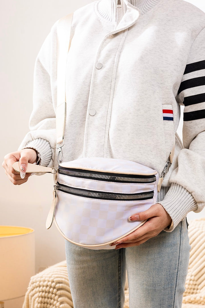 Beige Checkered Double Zip Bum Bag