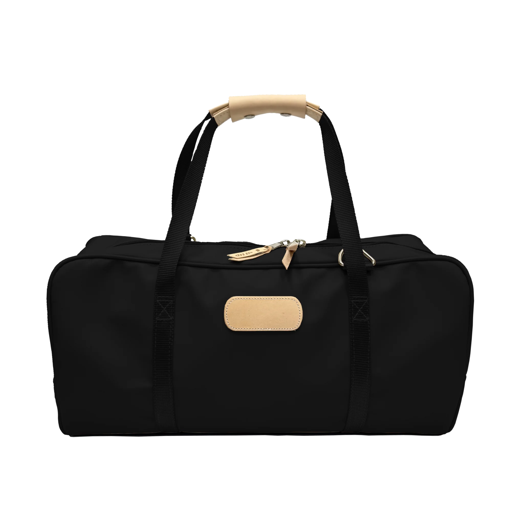 Jon Hart Carry-All duffel in coated canvas with natural leather trim, shoulder strap, and trolley sleeve.