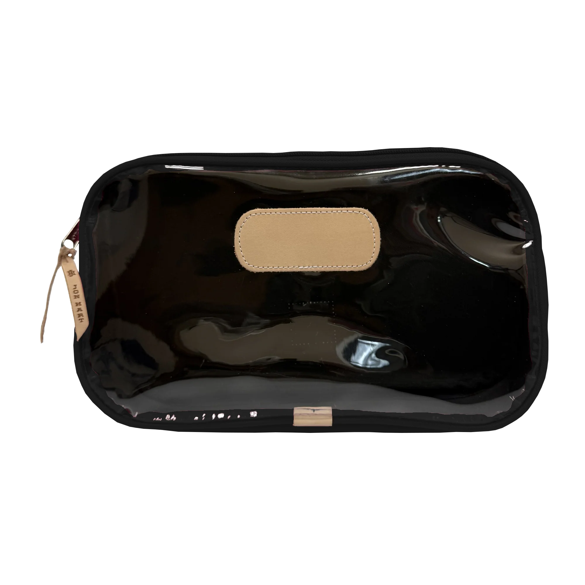 Jon Hart Compass bag with clear front, coated canvas back, and silver zip closure.