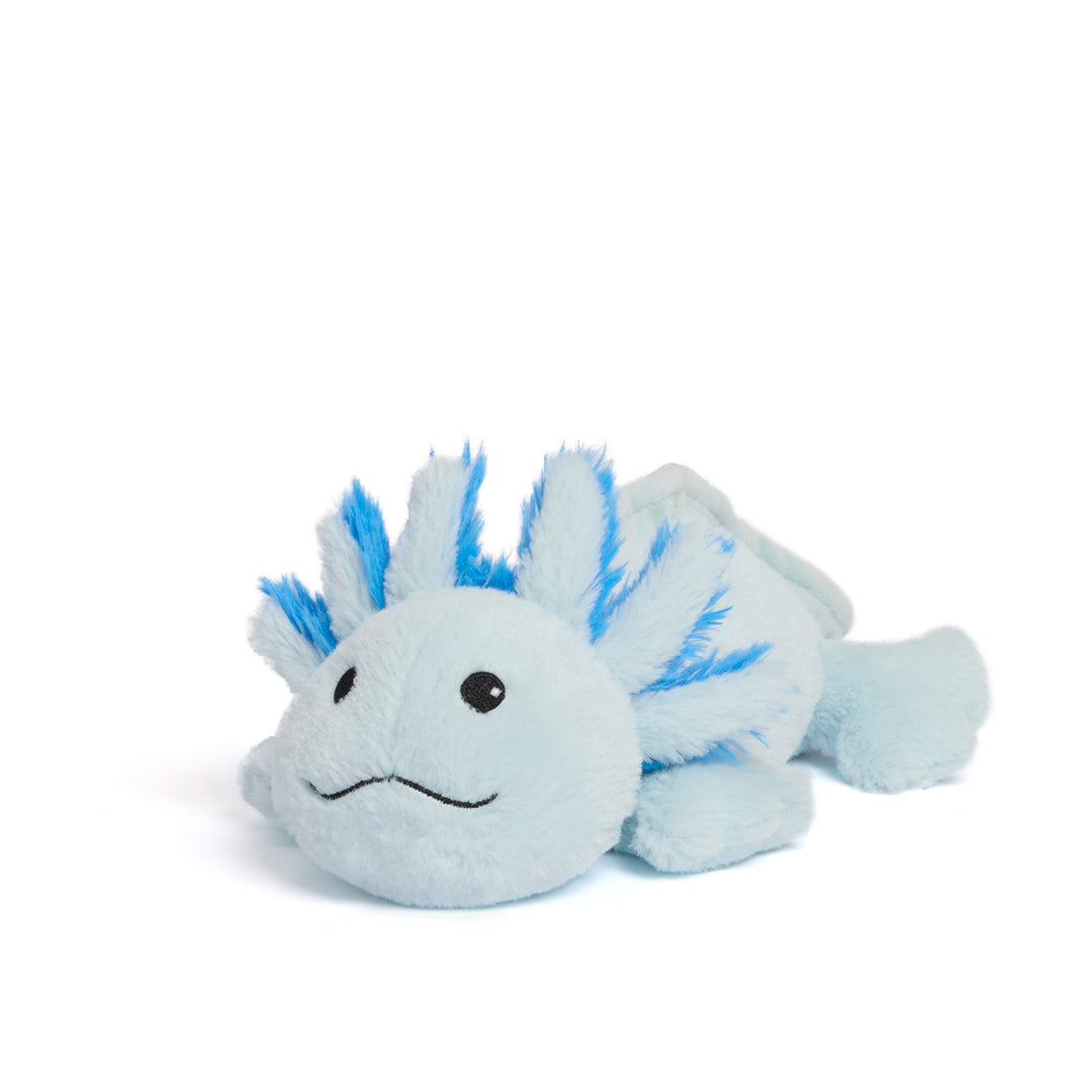 Blue Axolotl Warmies Junior plush, microwavable and lavender-scented, perfect for warmth or cooling comfort.
