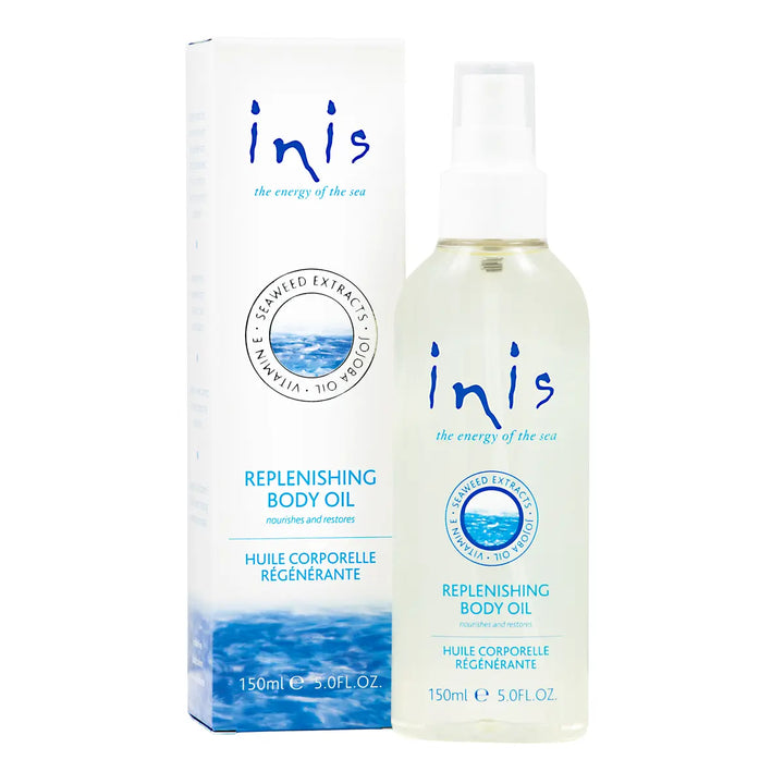 A 5 oz (150mL) bottle of Inis Replenishing Body Oil.