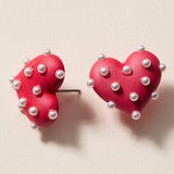 Red Pearl Studded Heart Earrings