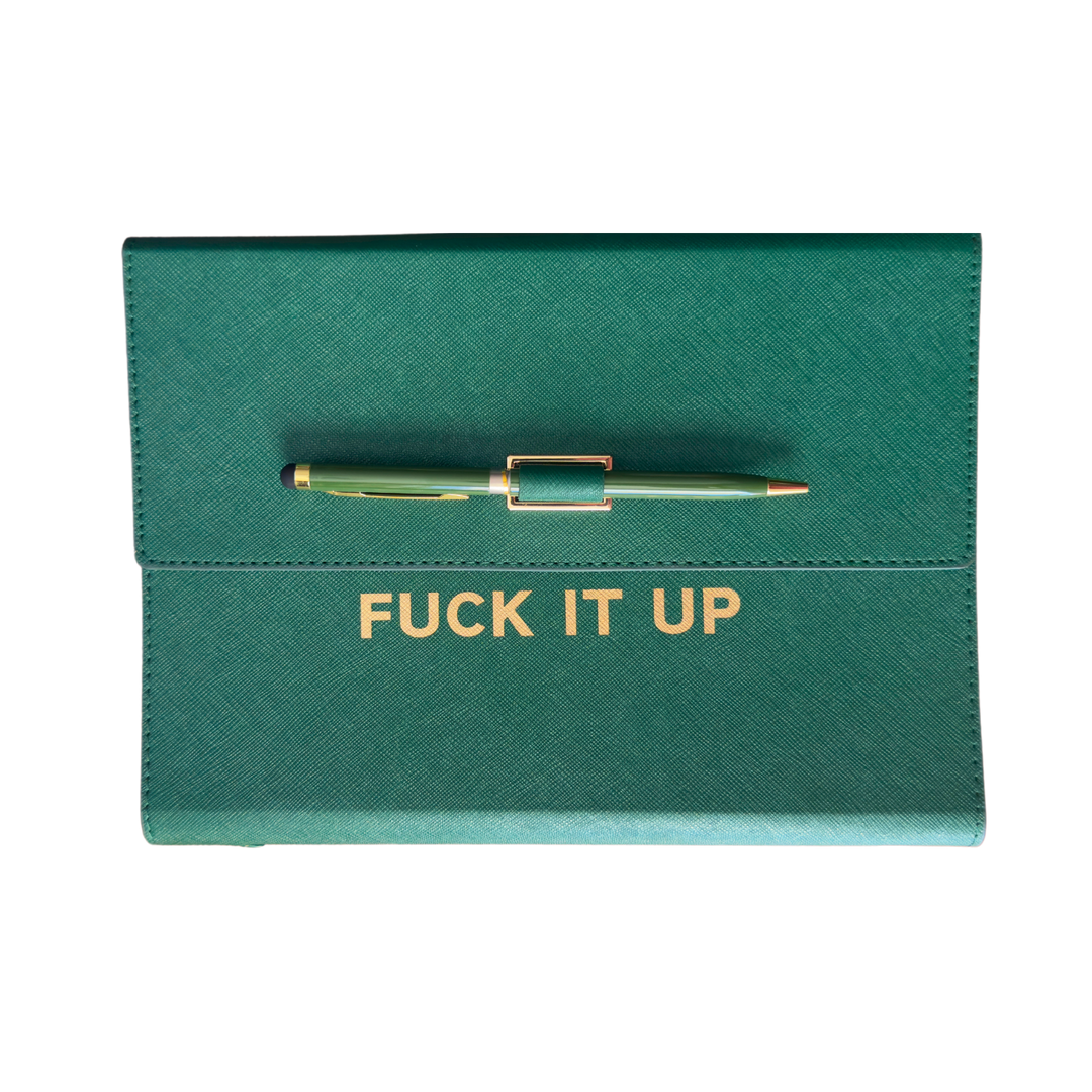 Green clutch folio journal with calender and matching pen. 'FUCK IT UP' gold foil text.