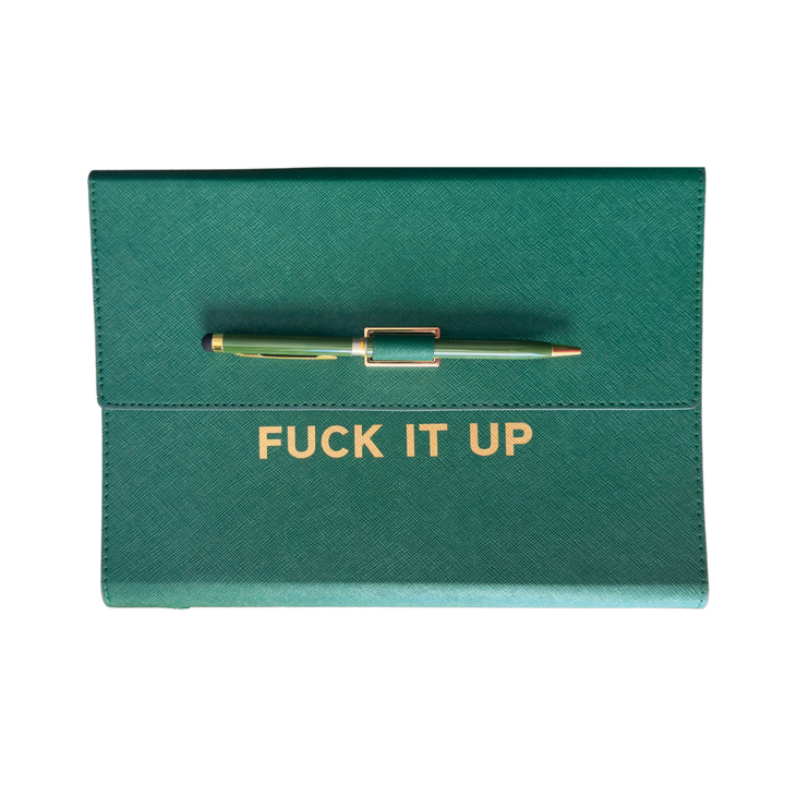 Green clutch folio journal with calender and matching pen. 'FUCK IT UP' gold foil text.