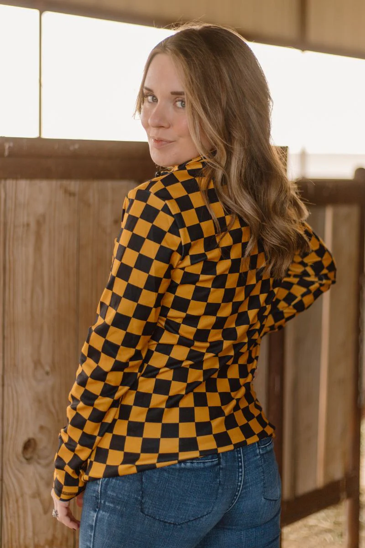 Gold and black checkered pullover with collared neckline, quarter-zip front, and kangaroo pocket, laid flat to highlight bold colors and design.