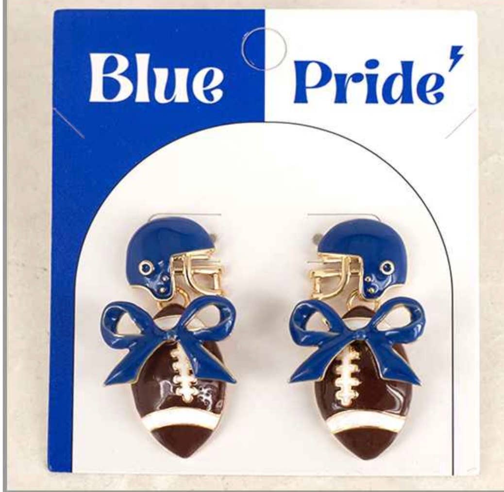 Blue and gold 1.75-inch dangle earrings with bow and football design.