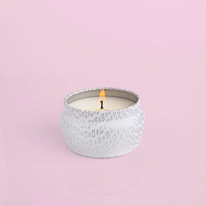 Volcano Signature White Mini Tin Candle 3oz – tropical citrus-scented portable candle in a white printed tin.