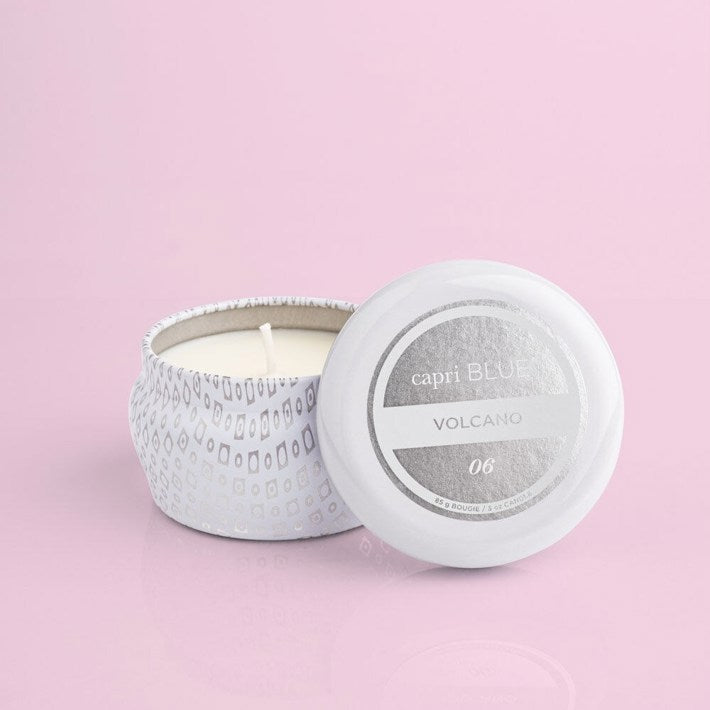 Volcano Signature White Mini Tin Candle 3oz – tropical citrus-scented portable candle in a white printed tin.