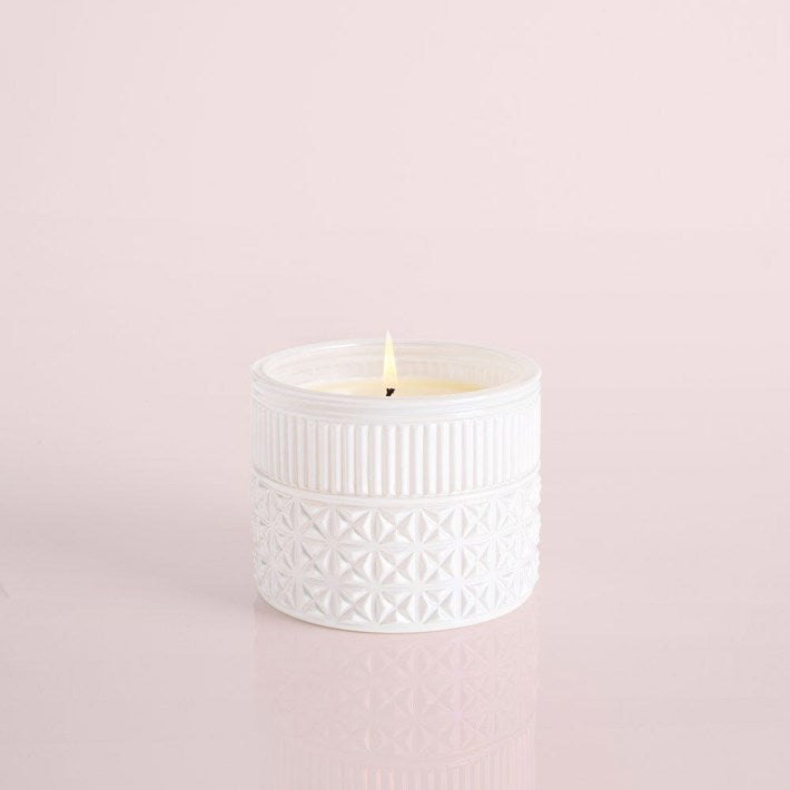 White Opal Gilded Faceted Jar Candle with iridescent finish, featuring the iconic Volcano tropical citrus fragrance