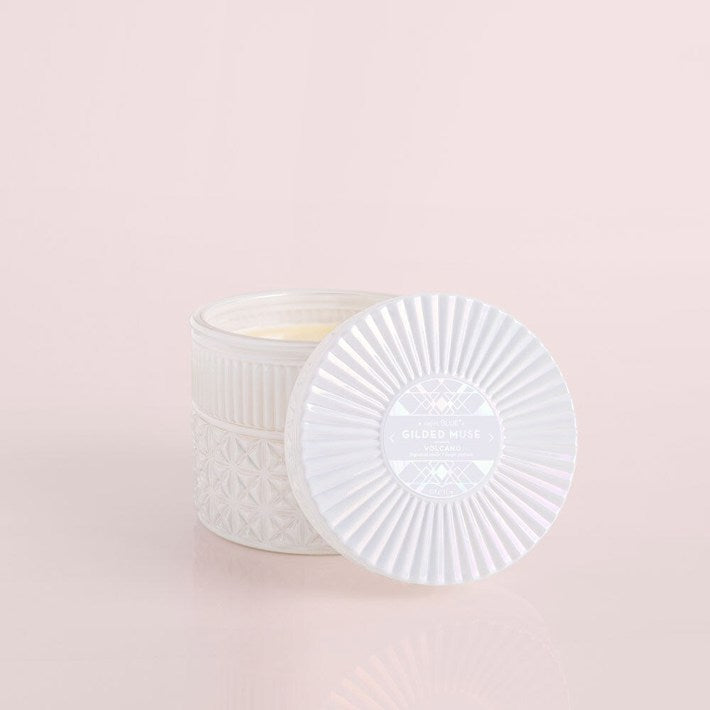 White Opal Gilded Faceted Jar Candle with iridescent finish, featuring the iconic Volcano tropical citrus fragrance