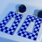 Blue & White Checkered Drop Earrings