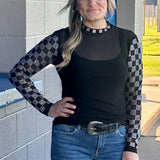 Rhinestone Checked In Black Mesh Top