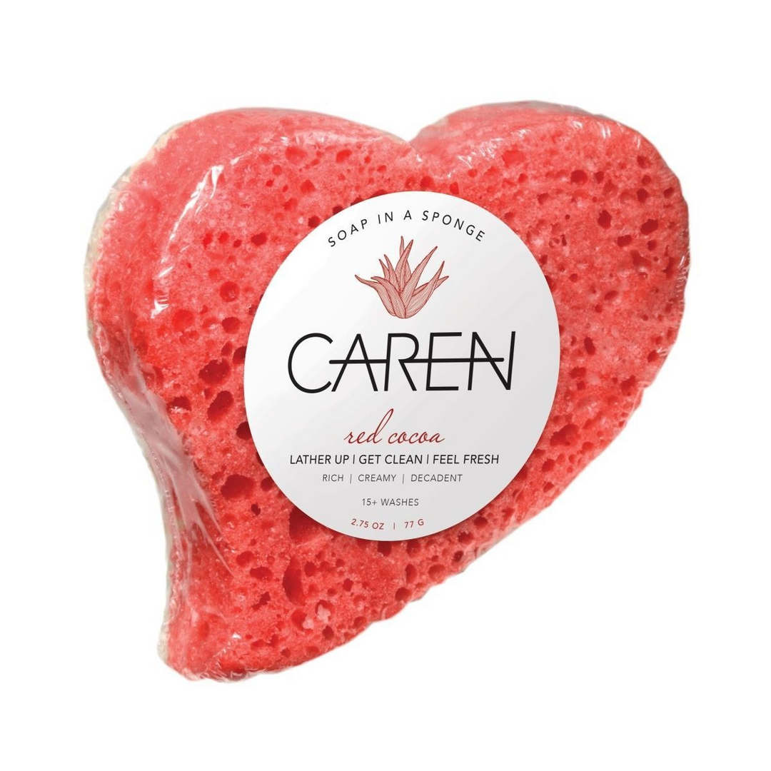 A red, heart-shaped, soap-infused sponge 