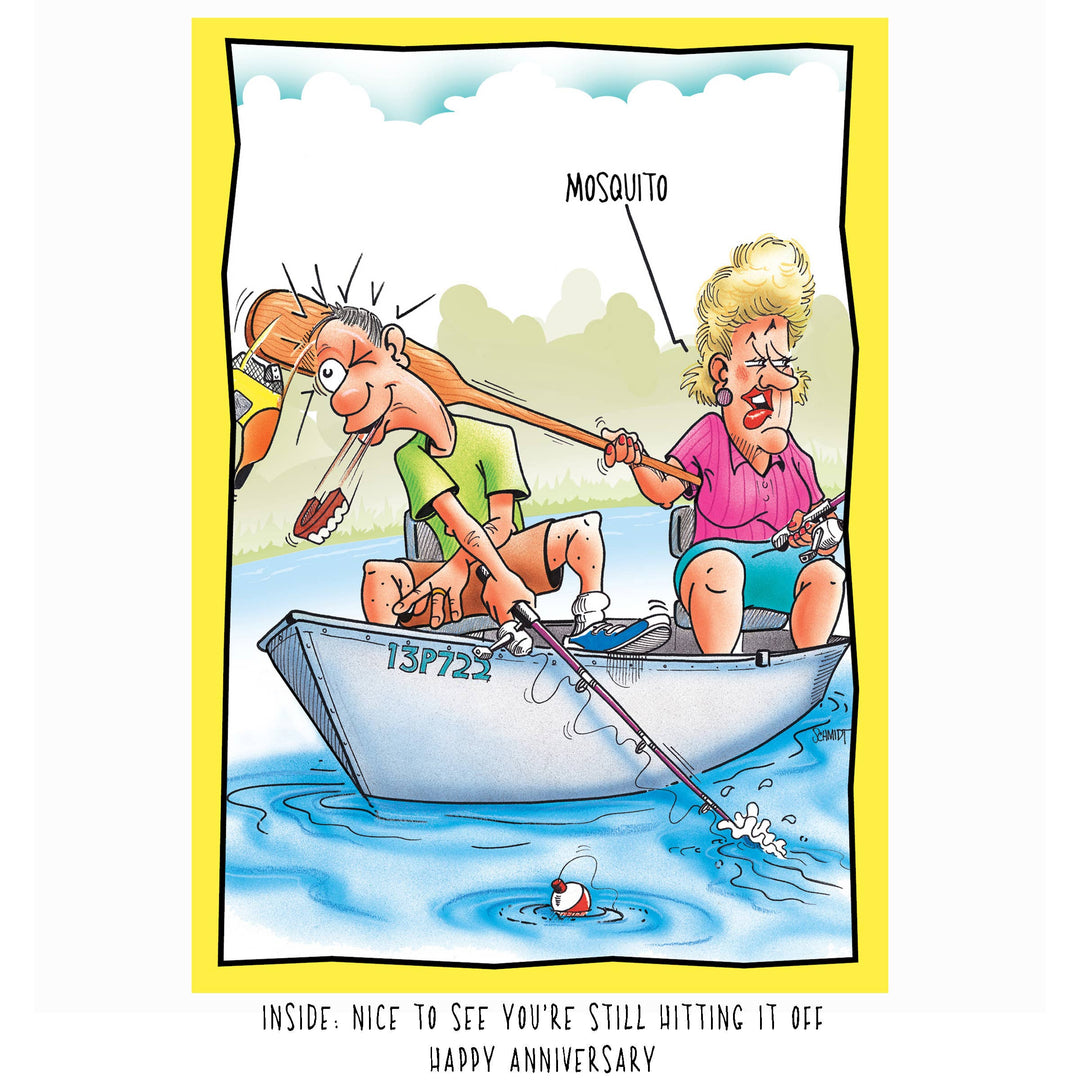 A card with a cartoon illustration of a man and a woman in a small boat on the water. The woman is swinging a paddle at the man, who is looking surprised. A speech bubble from the woman says, "mosquito."