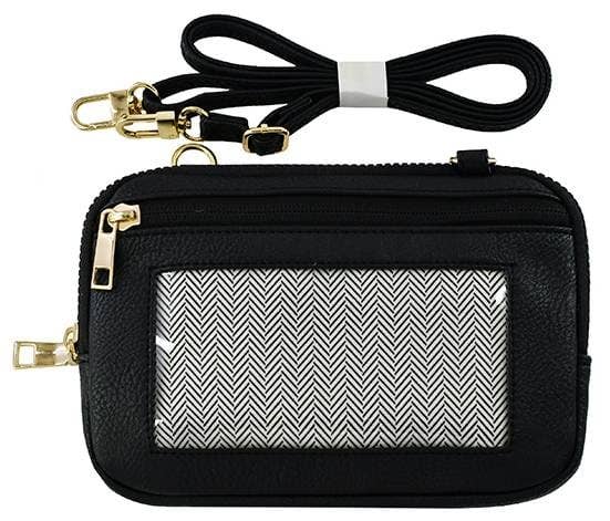 Black mini crossbody wallet bag with gold hardware, front zip pocket, detachable shoulder strap and wristband, and a clear cell phone window. Compact and stylish design, ideal for keeping essentials organized and accessible on the go.