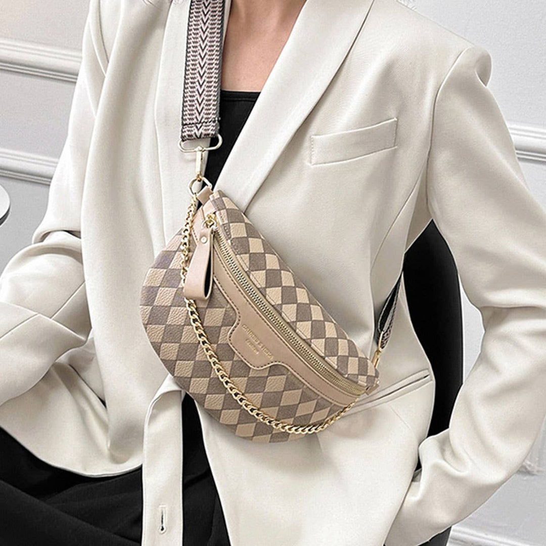 View of model wearing the beige checkered crossbody bag.