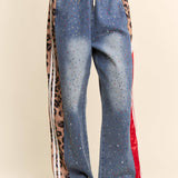 Red Striped Rhinestone Denim Joggers