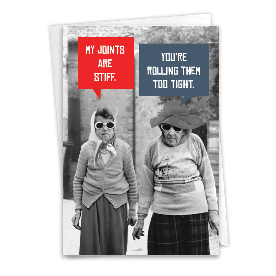 A funny, text-based birthday card with a pun about having "stiff joints."