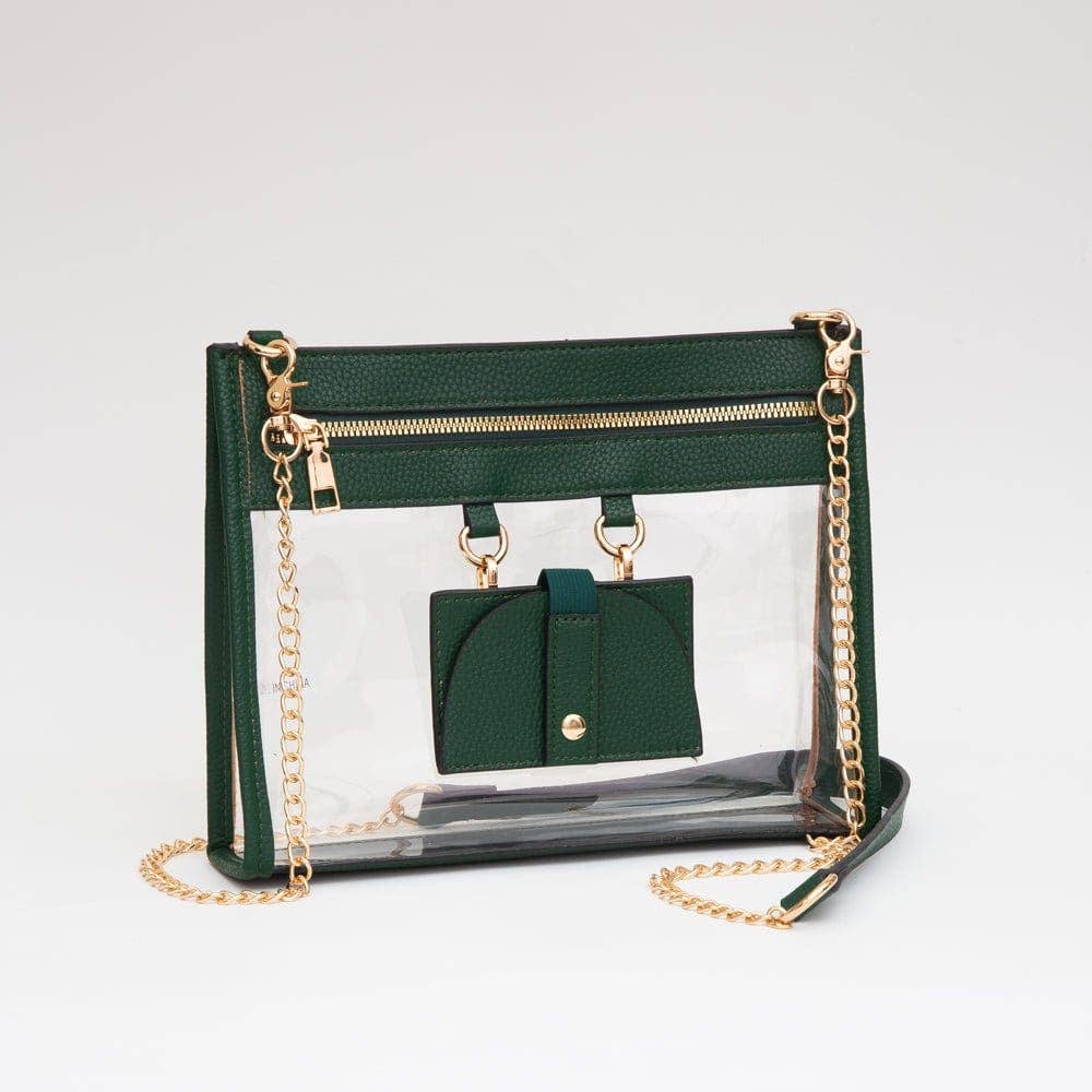 Clear crossbody bag with bold green trim, gold hardware, and a detachable sunglasses holder—fun, functional, and stadium-approved.