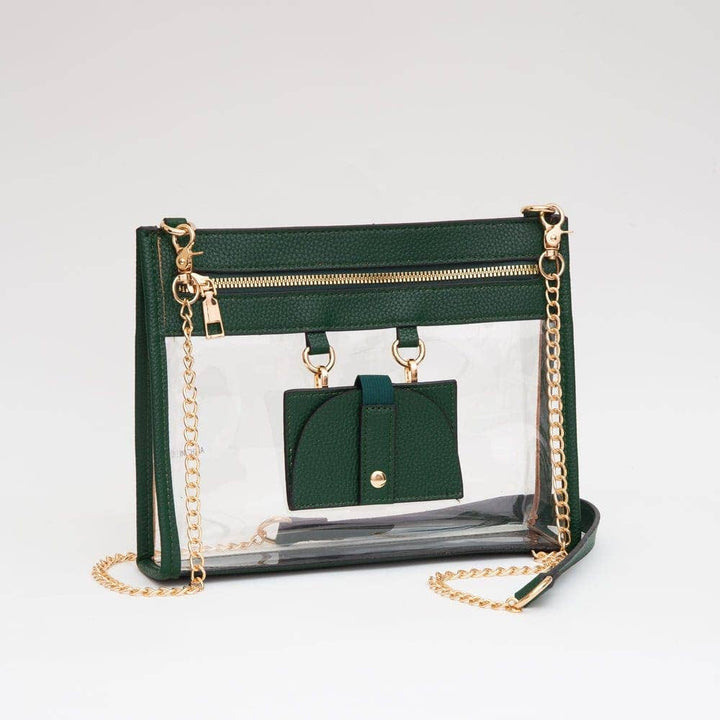 Clear crossbody bag with bold green trim, gold hardware, and a detachable sunglasses holder—fun, functional, and stadium-approved.