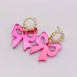 Pink Acrylic Bow Pearl Earrings