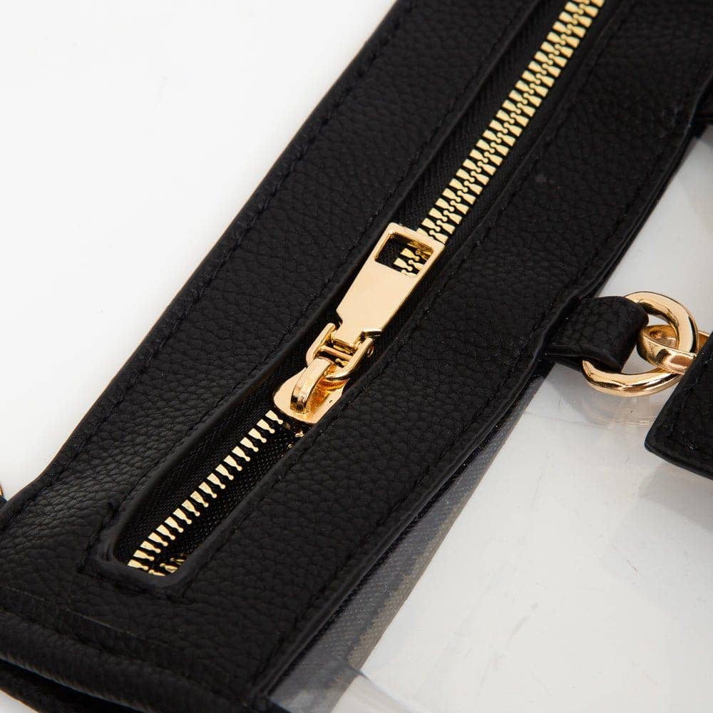 black clear crossbody bag with gold hardware and built-in sunglasses holder—stylish, functional, and stadium-ready.
