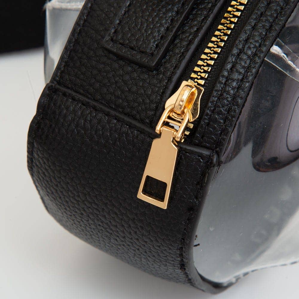 Gold zipper on a clear football-shaped crossbody bag with black trim
