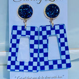 Blue & White Checkered Drop Earrings