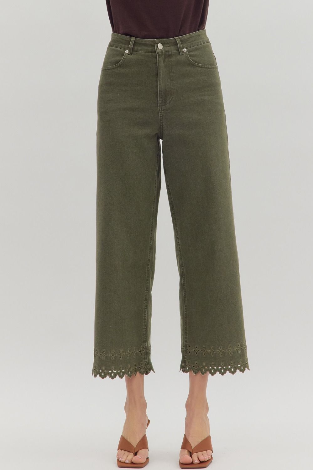 Olive Scalloped Hem Jeans with high waist, floral embroidered scalloped hem, and ankle-length design.