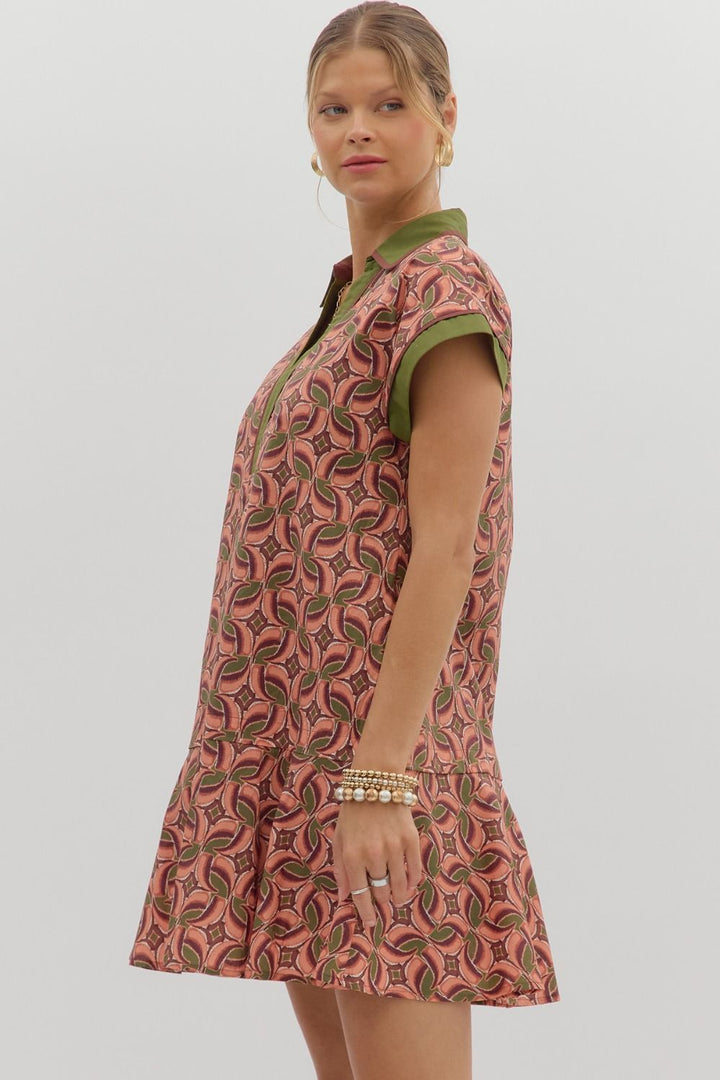Terra Cotta Abstract Ruffle Mini Dress