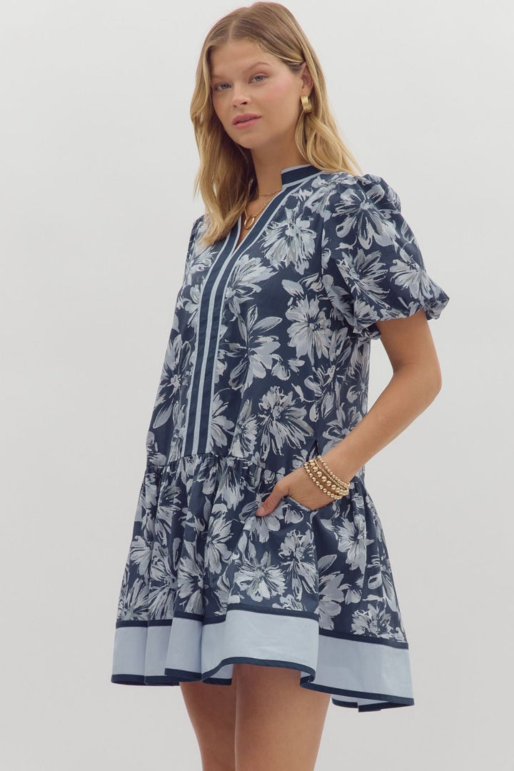 Navy Floral Ruffle Mini Dress
